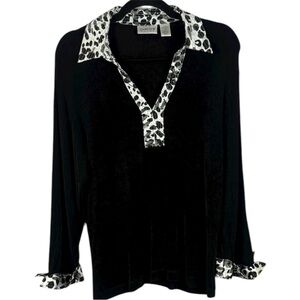 Chico's Stretch Black White Satin Leopard Cheetah Print Cuffs Collar Large Top